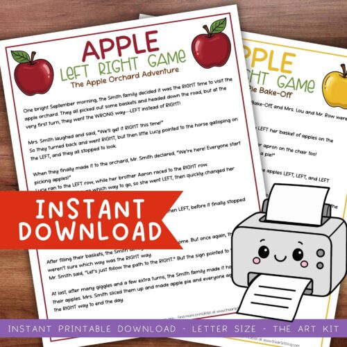 apple-left-right-game Apple homeschool activity printable for elementary students, fun and educational homeschool resource, engaging homeschool art and literacy game for kids' homeschool curriculum.