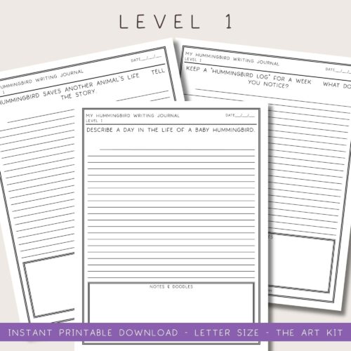 creative-writing-drawing-download-kids Hummingbird writing journal templates for homeschool, featuring Level 1 beginner prompts for kids to practice storytelling, journaling, and observation skills in a fun, educational way.