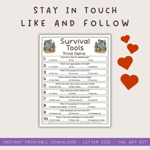 follow-us Survival tools trivia game printable worksheet for homeschool and educational activities, perfect for homeschooling resources and teaching materials.