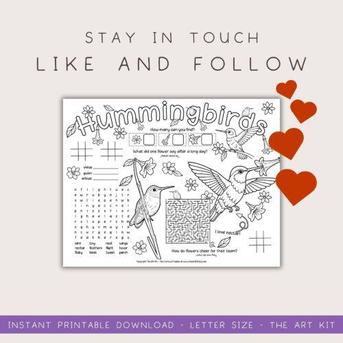 follow-us Hummingbird educational worksheet for homeschooling, includes word search, flower counting, and bird-themed activities for kids. Perfect for homeschool science and nature studies.