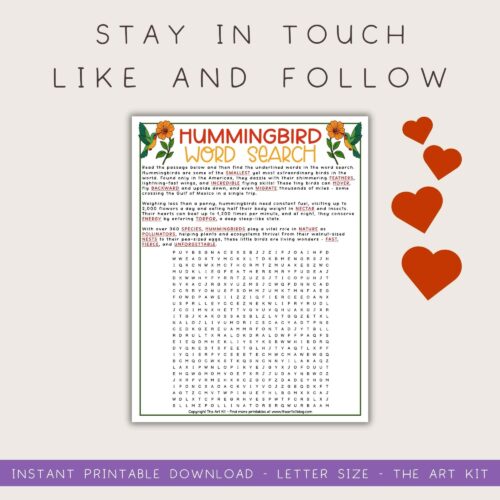 follow-us Hummingbird word search printable activity for homeschoolers, featuring fun bird facts and vocabulary related to hummingbirds, perfect for homeschool resources and educational literacy.