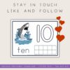 follow-us Shark-themed number ten printable for kids featuring a playful shark jumping out of water, with the numeral 10 and the word ten, ideal for homeschooling math activities.