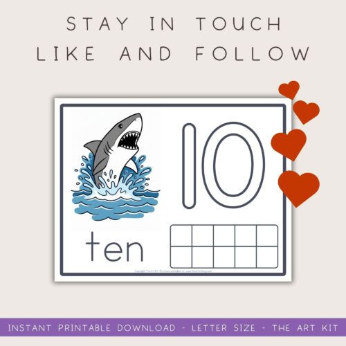 follow-us Shark-themed number ten printable for kids featuring a playful shark jumping out of water, with the numeral 10 and the word ten, ideal for homeschooling math activities.