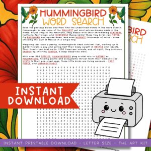 Word Search PDF, Hummingbird Printable, Vocabulary Activities, Word Find Games