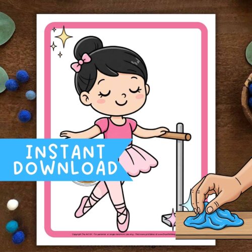 Ballet girl coloring page, ballet dance art printable for kids, perfect for homeschooling, art activities, and dance education.