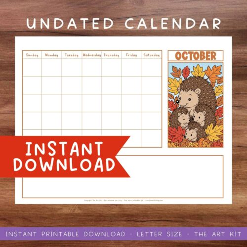 monthly-calendar-printable (2) Colorful autumn-themed homeschool calendar printable with hedgehog and leaves illustration, perfect for seasonal homeschooling resources and lesson planning.