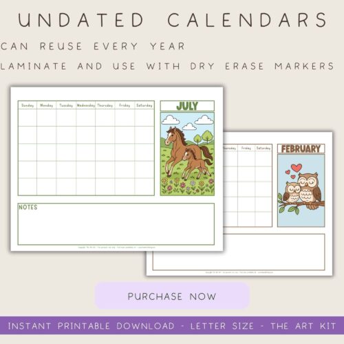 monthly-calendar-printable (3) Uncealed calendars for homeschooling, reusable with dry erase markers, colorful illustrated animal themes, customizable monthly schedule planners for homeschool organization, printable educational tools.