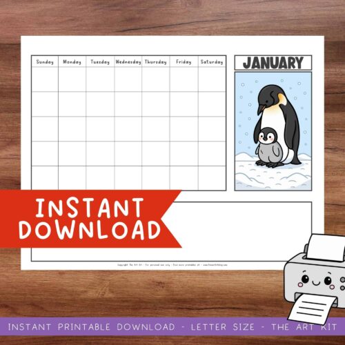 Colorful January themed homeschool planner with penguin illustrations, perfect for homeschooling resources, lesson planning, and organizing homeschool schedules.