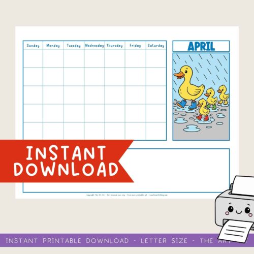 monthly-calendar-printable (5) Brightly colored April calendar printable featuring a cheerful duck and ducklings in rain boots, perfect for homeschooling and educational activities; great for homeschool resources and planning.
