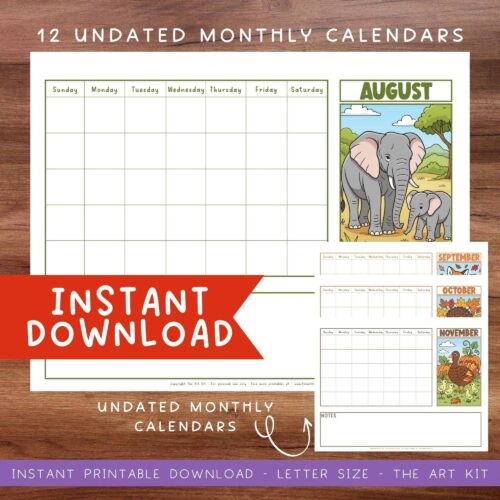 monthly-calendar-printable 12 uncolored monthly homeschool calendars with colorful animal illustrations for August, September, October, and November, designed for homeschooling resources and educational planning.