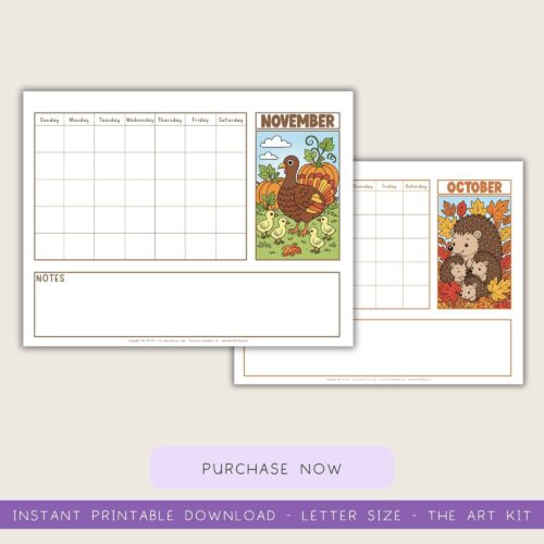 monthly-calendar-printable (7) Chore chart for homeschool planning with November and October themed illustrations, ideal for homeschool resource organizers, educational planning, and homeschooling supplies.