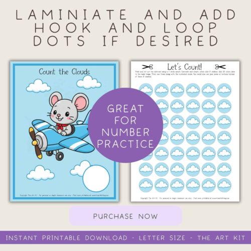 mouse-airplane-counting Colorful homeschool worksheet featuring cloud counting activity for early childhood math practice, perfect for homeschool lessons and number recognition skills.