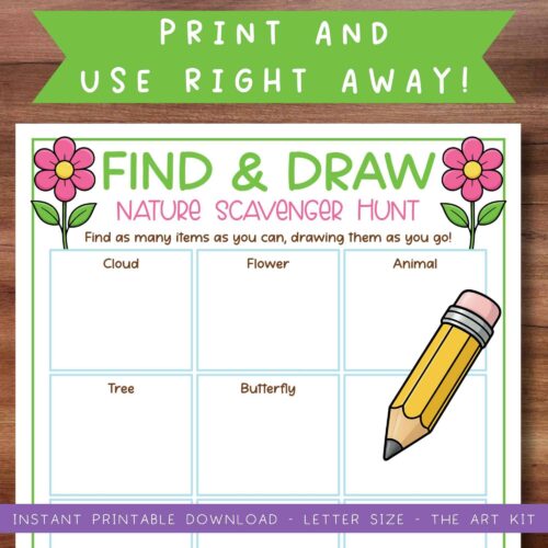 Find and draw nature scavenger hunt printable, colorful educational worksheet for kids at homeschool resource co.