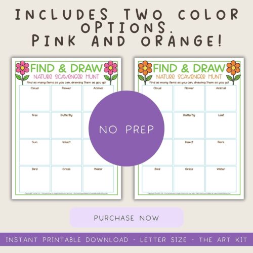 outdoor-nature-walk Nature scavenger hunt printable for homeschool, includes two color options pink and orange, for kids to find and draw clouds, flowers, animals, trees, butterflies, and more during outdoor learning activities.