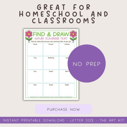 outdoor-nature-walk Find & Draw Nature Scavenger Hunt worksheet for homeschool and classroom outdoor learning activities.