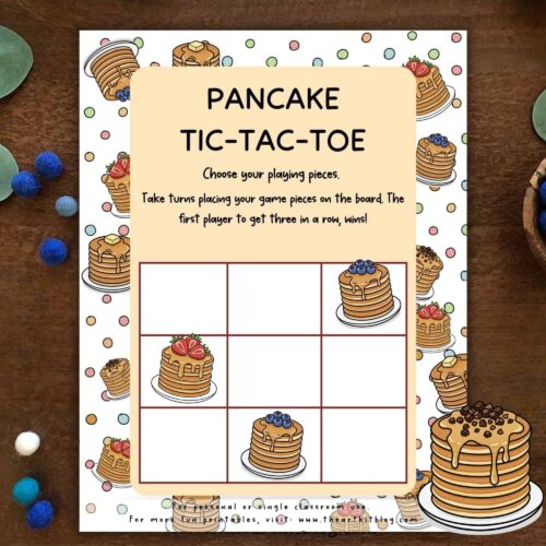 Pancake tic-tac-toe game printable, fun educational homeschool activity for kids, learning game with pancakes illustration for classroom or homeschooling use.