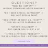 questions-about-downloading-printable Printable digital download of homeschool resources including FAQ about printing, software, usage, and product details, featuring easy access and unlimited personal printing options for homeschool families.
