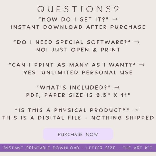 questions-about-downloading-printable Printable digital download of homeschool resources including FAQ about printing, software, usage, and product details, featuring easy access and unlimited personal printing options for homeschool families.