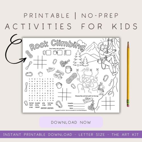 rock-climbing-activity-placemat Rock climbing activity worksheet for kids, printable no-prep educational game, outdoor adventure, and outdoor learning printable for homeschool children.