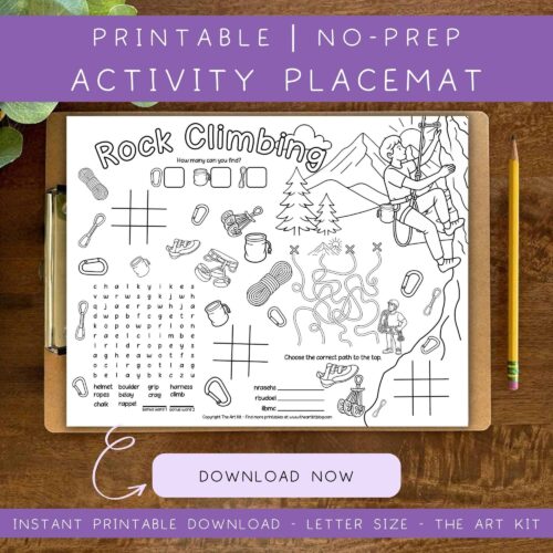 rock climbing-placemat-word-search-activity Rock climbing activity worksheet for homeschool, no-prep printable learning game for kids.