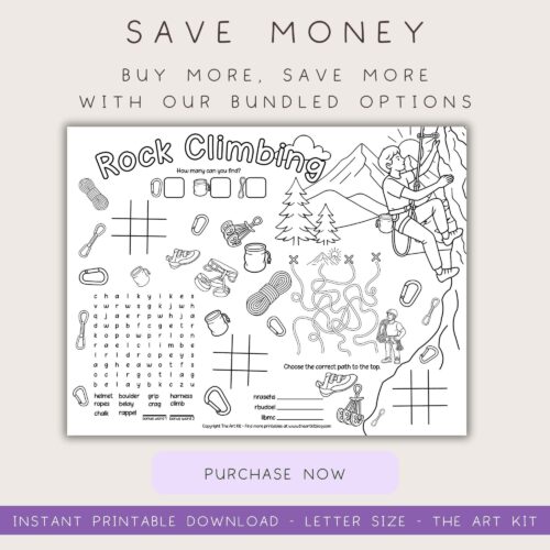 Rock climbing activity worksheet with mountain and climber illustrations, perfect for homeschool science and outdoor education resources.