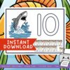 shark-ten-frame-printable Shark number ten learning activity for preschool and elementary homeschooling, printable number recognition worksheet, fun ocean-themed math game for kids learning.