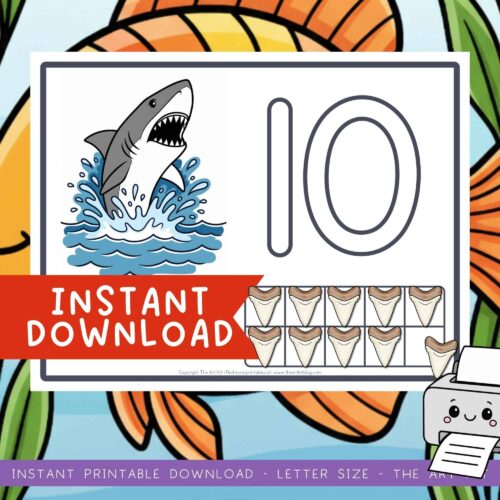 Shark number ten learning activity for preschool and elementary homeschooling, printable number recognition worksheet, fun ocean-themed math game for kids learning.