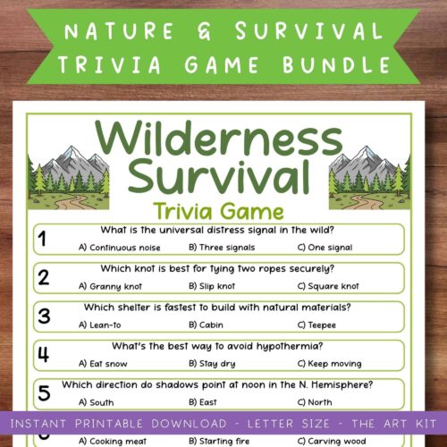 survival-trivia-the-art-kit (2) Wilderness survival trivia game sheet featuring questions about outdoor skills, nature signaling, and shelter building, perfect for homeschooling, educational games, and survival skill practice.