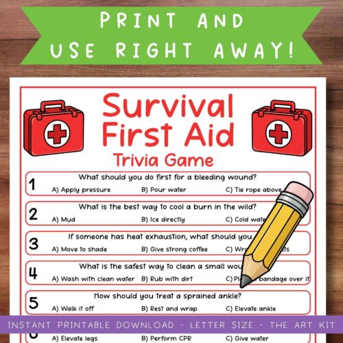 survival-trivia-the-art-kit (3) Print and use printable homeschool worksheets for first aid and survival skills, including a trivia game for kids, with engaging visuals and educational content for homeschool resources.