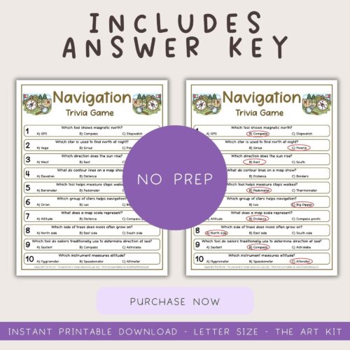 survival-trivia-the-art-kit (5) "Homeschool science and geography trivia game with answer key, printable letter-sized worksheet, engaging questions, and maps for homeschooling educational activities.".