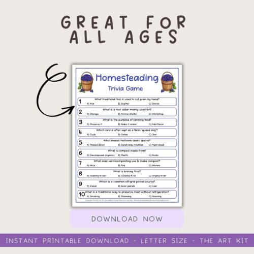 survival-trivia-the-art-kit (6) Homeschool trivia game printable for all ages, perfect for homeschooling resources, education activities, and family learning. Engage kids with fun questions about gardening, sustainability, and more.