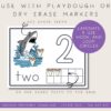 ten-frames-printable Shark-themed educational printable for preschool, kindergarten, or early elementary math activities, featuring number two with shark teeth and dry erase or playdough markers for hands-on learning focus on number recognition and fine motor skills.