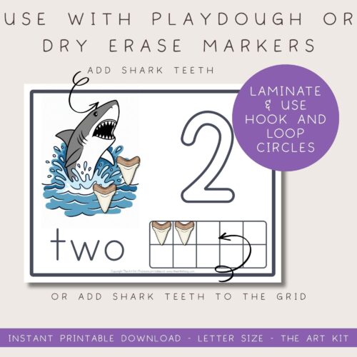 Shark-themed educational printable for preschool, kindergarten, or early elementary math activities, featuring number two with shark teeth and dry erase or playdough markers for hands-on learning focus on number recognition and fine motor skills.