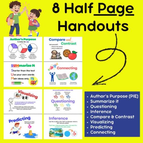1 Full Page Handout with all 8 Stategies (3) Author's Purpose, Homeschool Resource Co, educational handouts for homeschooling, teaching comprehension skills, visual learning, inference, compare and contrast.