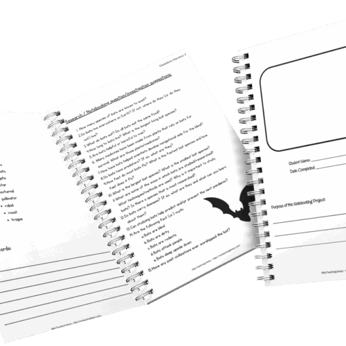 Handwritten homeschool notebook with science research questions, vocab list, and student project planning pages, themed with black bat graphics for homeschool resource-co.