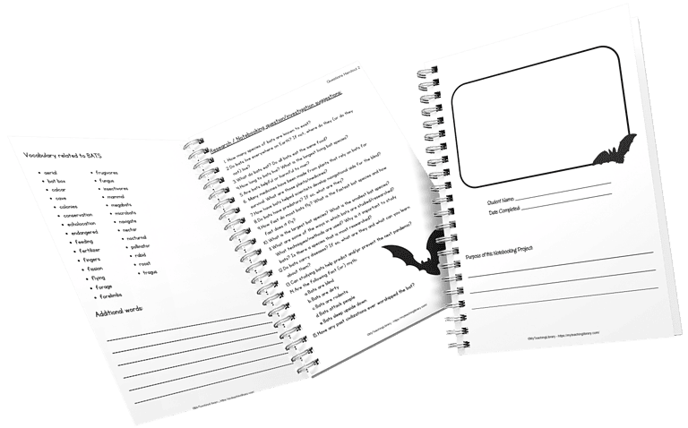 Handwritten homeschool notebook with science research questions, vocab list, and student project planning pages, themed with black bat graphics for homeschool resource-co.