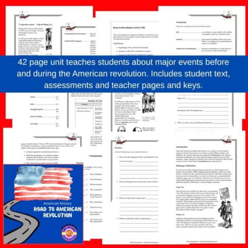 American history road to American revolution educational workbook cover with 42-page unit, student text, assessments, teacher pages, and key study materials for homeschooling.