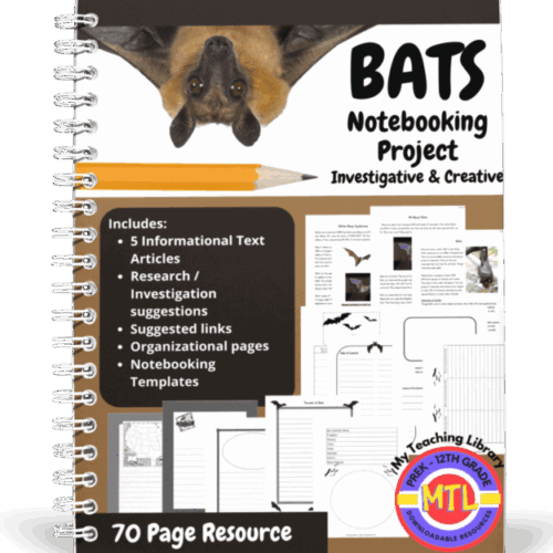Bats notebooking project for homeschool, investigative and creative research activity, includes informational text articles, research suggestions, organizational pages, templates, and warning about bat conservation.