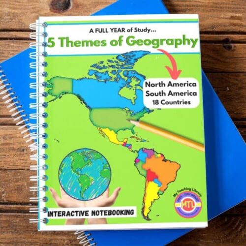 Comprehensive homeschool geography notebook covering North and South America, 18 countries, engaging themes for Full Year Study resource for homeschooling.