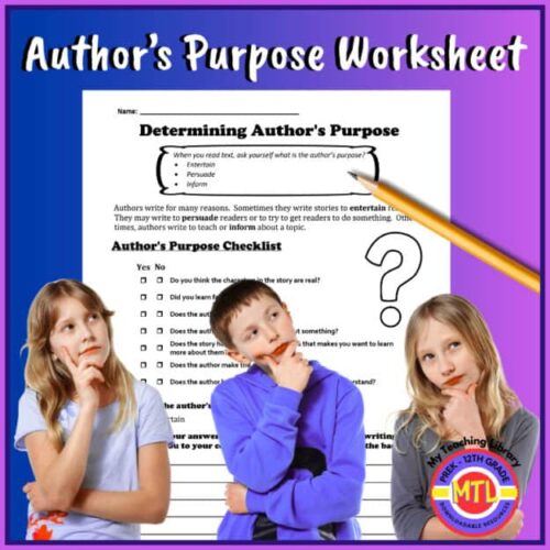 Determining author's purpose worksheet for homeschool, educational resource for teaching author’s intent and comprehension skills.