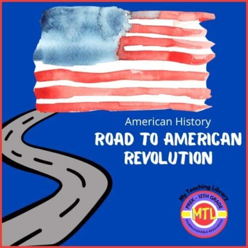 American history educational resource featuring a patriotic watercolor American flag and a winding road, perfect for homeschooling and curriculum on the road to the American Revolution.