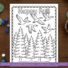woodland-animals-coloring-pages Happy fall coloring page with flying birds and pine trees for homeschooling and fall season crafts, educational printable activity for kids, homeschool resources, fall art projects, autumn themed coloring pages.