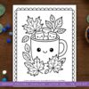 woodland-animals-coloring-pages (2) Soft fall-themed coloring page featuring a cute smiling mug filled with marshmallows, surrounded by autumn leaves, perfect for homeschool art activities and seasonal crafts.