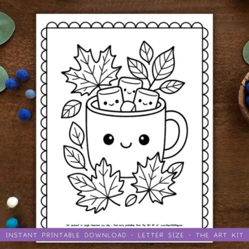 Soft fall-themed coloring page featuring a cute smiling mug filled with marshmallows, surrounded by autumn leaves, perfect for homeschool art activities and seasonal crafts.