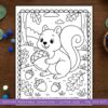 woodland-animals-coloring-pages (3) Coloring page of a cheerful squirrel holding an acorn in a nature scene with trees, leaves, and clouds, perfect for homeschooling arts and crafts or educational activities.