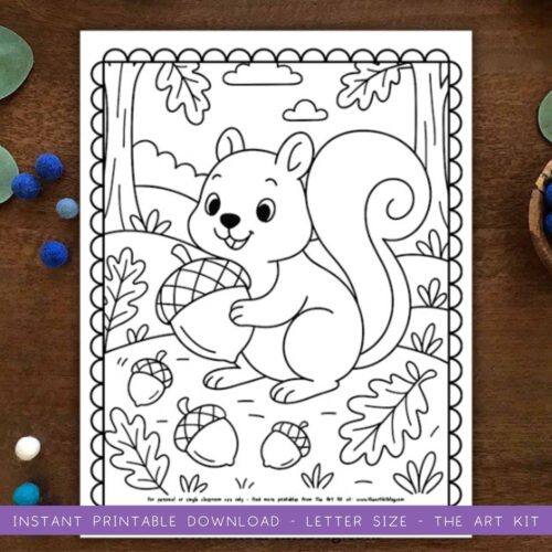 woodland-animals-coloring-pages (3) Coloring page of a cheerful squirrel holding an acorn in a nature scene with trees, leaves, and clouds, perfect for homeschooling arts and crafts or educational activities.