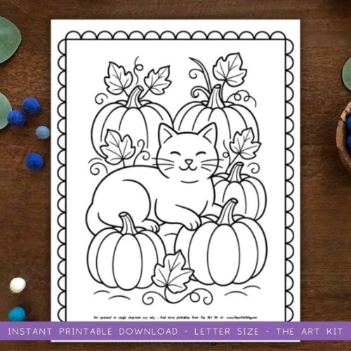 woodland-animals-coloring-pages (4) Coloring page pumpkin patch with a happy cat and autumn leaves, perfect for homeschool arts and crafts, seasonal activity, and kindergarten fall lesson plans.