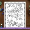 woodland-animals-coloring-pages (5) Coloring page of a pie with apples, leaves, cinnamon sticks, and a caramel apple, perfect for homeschool art activities and fall-themed learning resources.