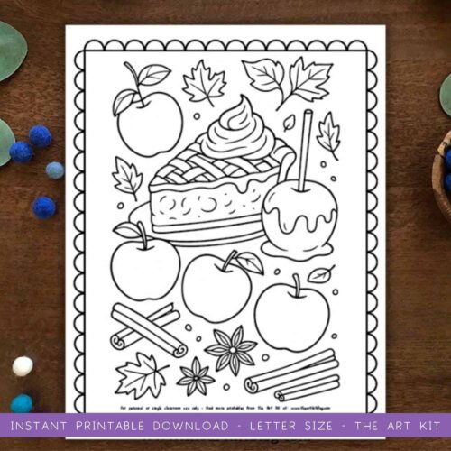 woodland-animals-coloring-pages (5) Coloring page of a pie with apples, leaves, cinnamon sticks, and a caramel apple, perfect for homeschool art activities and fall-themed learning resources.
