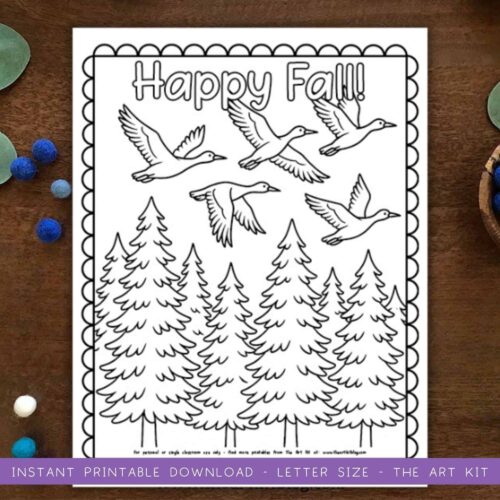woodland-animals-coloring-pages Happy fall coloring page with flying birds and pine trees for homeschooling and fall season crafts, educational printable activity for kids, homeschool resources, fall art projects, autumn themed coloring pages.